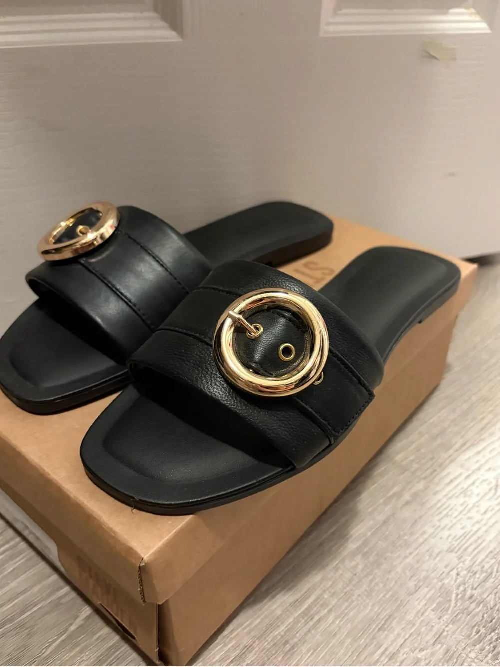 Steve Madden Black Slide Sandals with Gold Accent - New in box